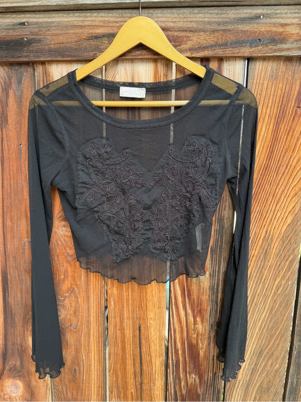 Free People Black Mesh Embroidered Long Sleeve Crop Top Flare Sleeve Coquette S